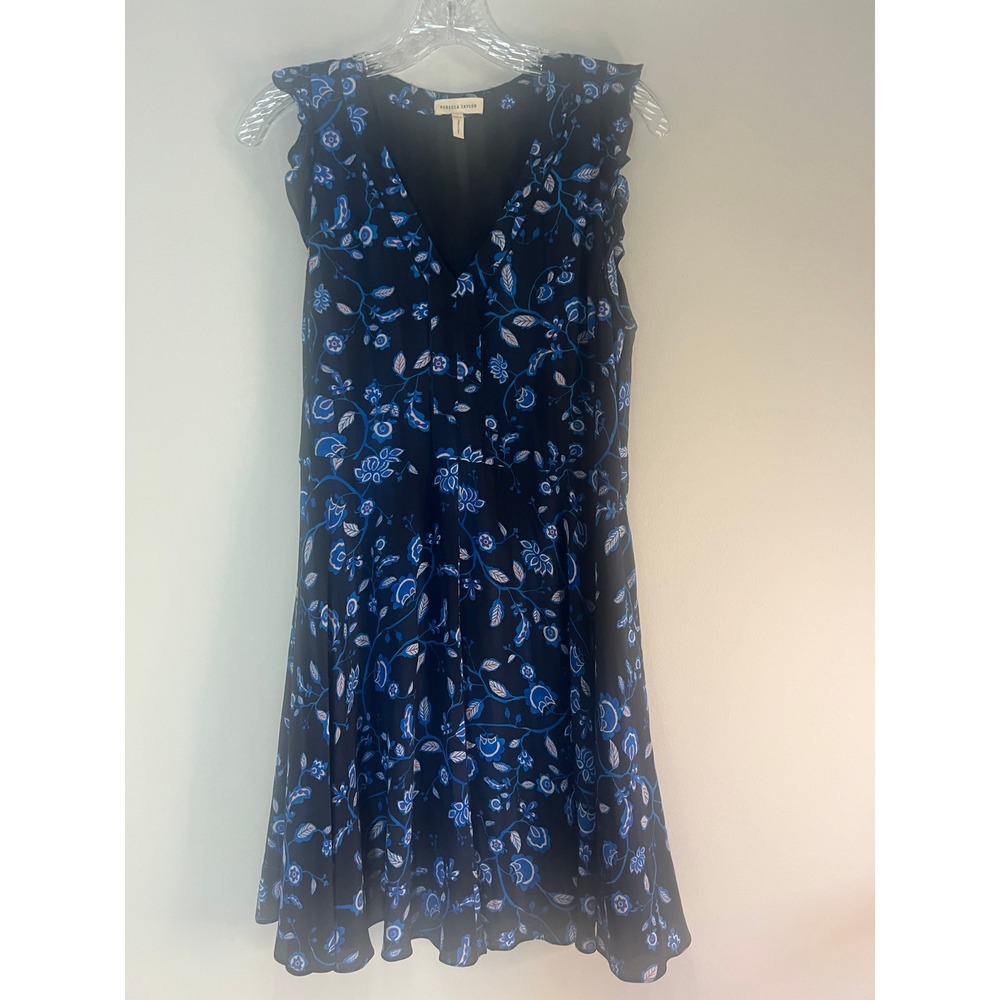 Rebecca Taylor Navy Blue Floral Silk Ruffle V-Neck Sleeveless Dress 4 RN96705